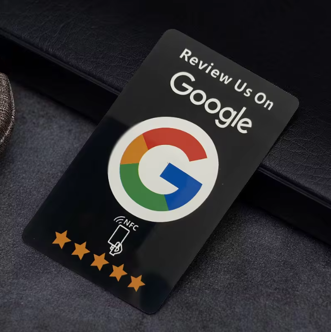 Czarna karta NFC Review us on Google, przód i tył