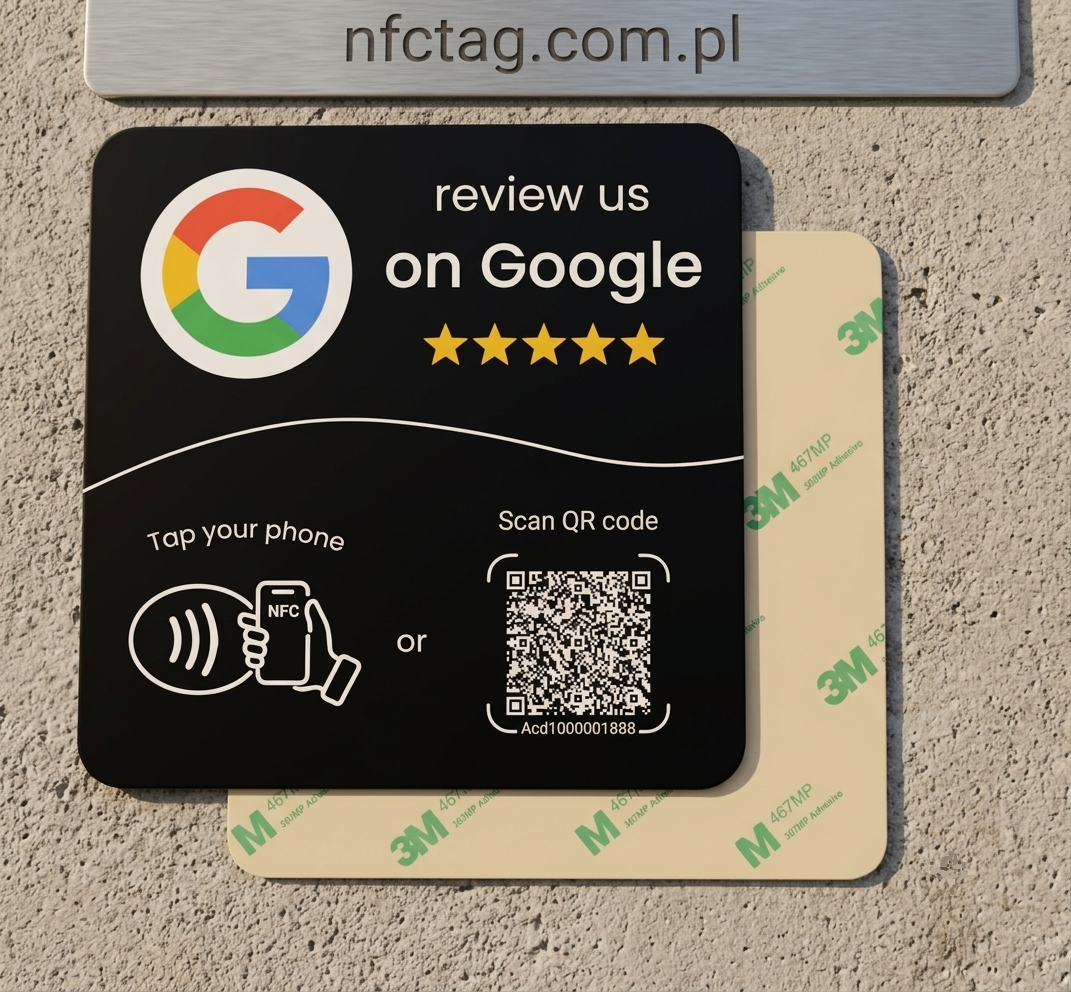 Czarna plastikowa tabliczka NTAG215 review us on Google z NFC, kodem QR i klejem z tyłu