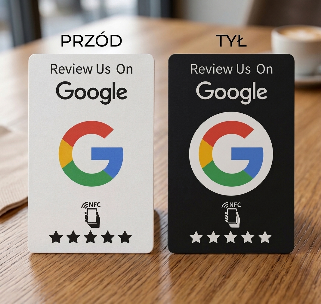 Biała i czarna karta NFC Review us on Google — przód i tył — na drewnianym stole