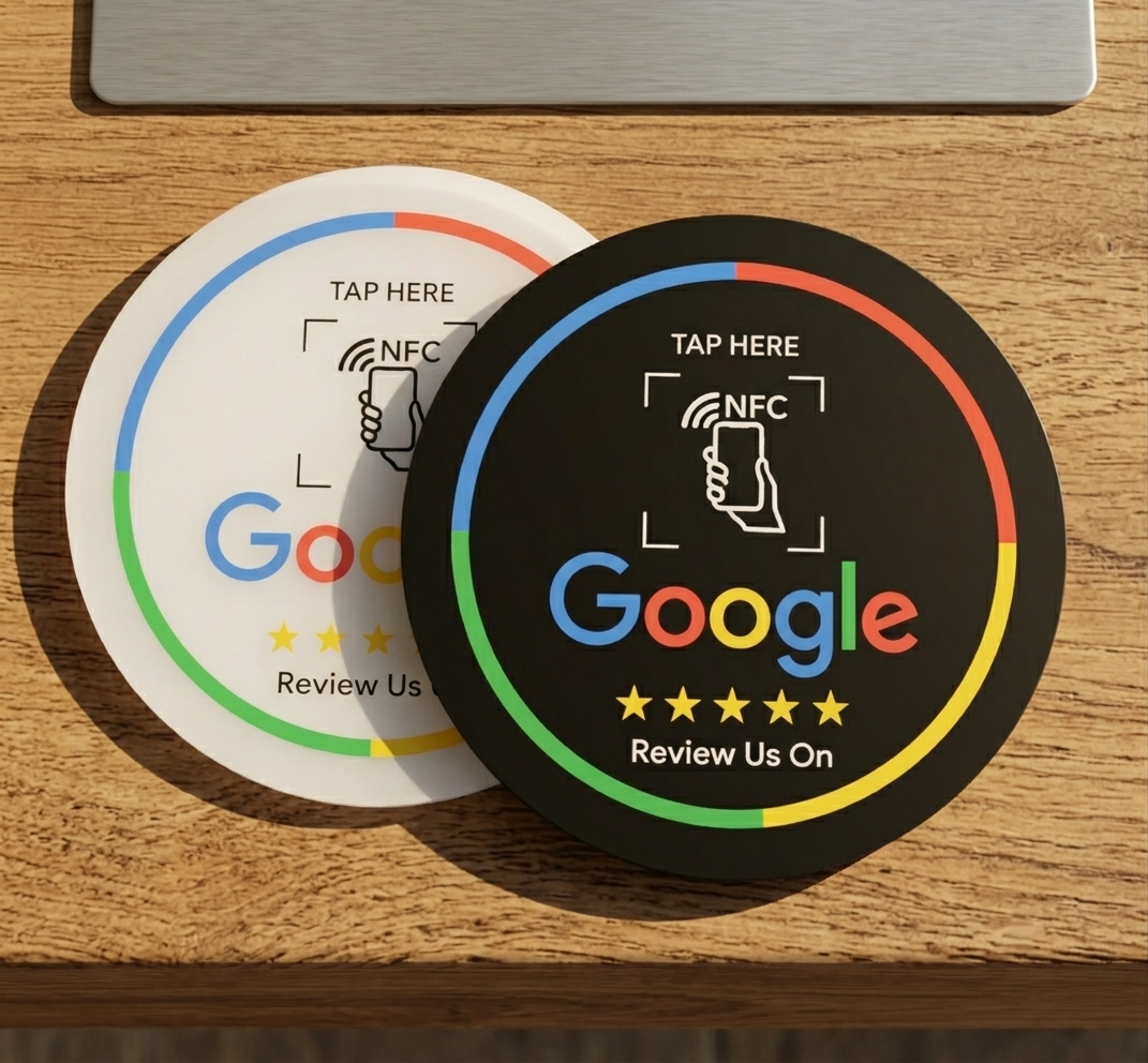 Białe i czarne okrągłe krążki NFC Tap here Google Review Us On