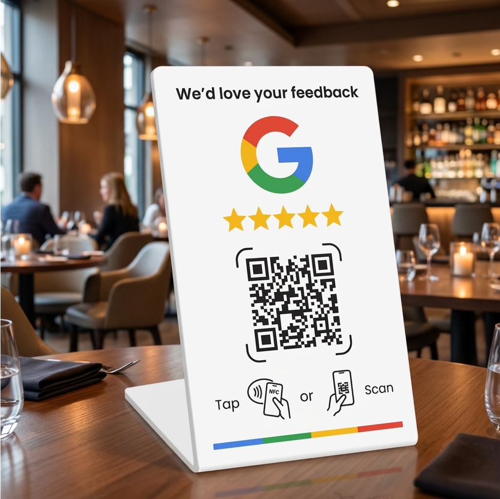 Biały stojak z kodem QR i NFC do opinii Google na stole w restauracji