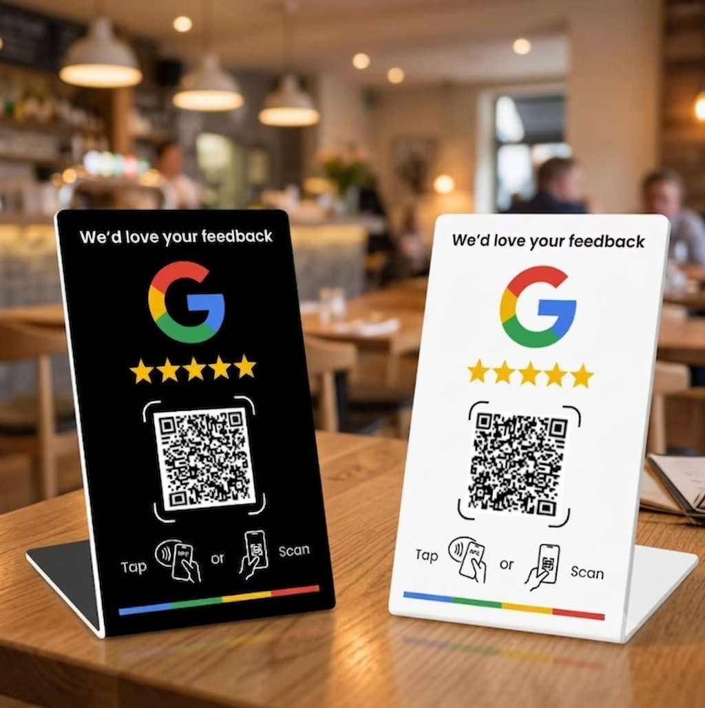 Czarny i biały stojak NFC z kodem QR do opinii Google na stoliku w restauracji